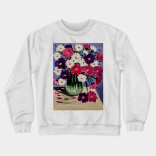 Beautiful pink and purple  and white abstract flowers in a glass vase. Crewneck Sweatshirt